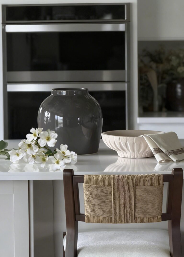 Close-up of vase silhouette detail on this Large White Dogwood Branch and Slate Vase Design