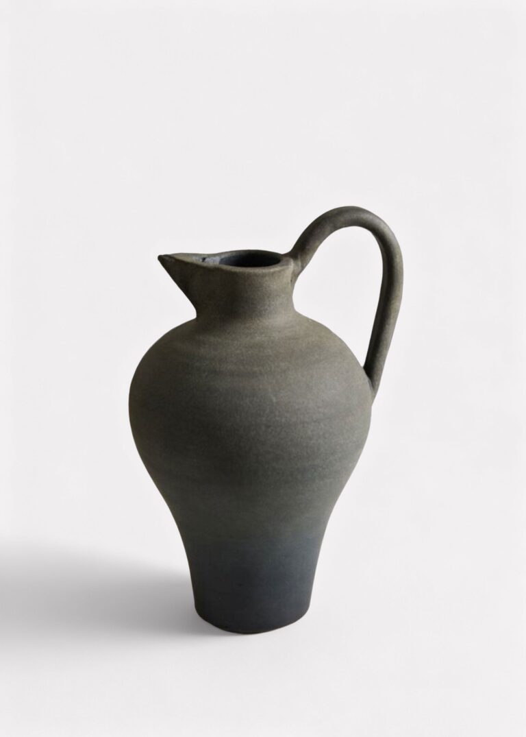 Handmade Terra Cotta Pitcher Vase with Handle in Aged Black - 11.75 inch Tall