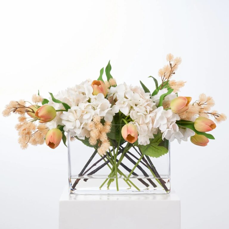 Peaches and Cream - Real Touch Hydrangea and Tulips Water Illusion Arrangement - Peach and
