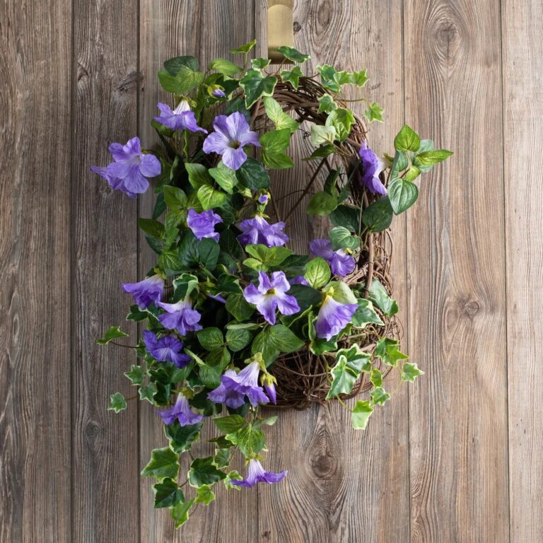 Purple Petunia and English Ivy Hanging Lattice Basket Spring Summer Wreath