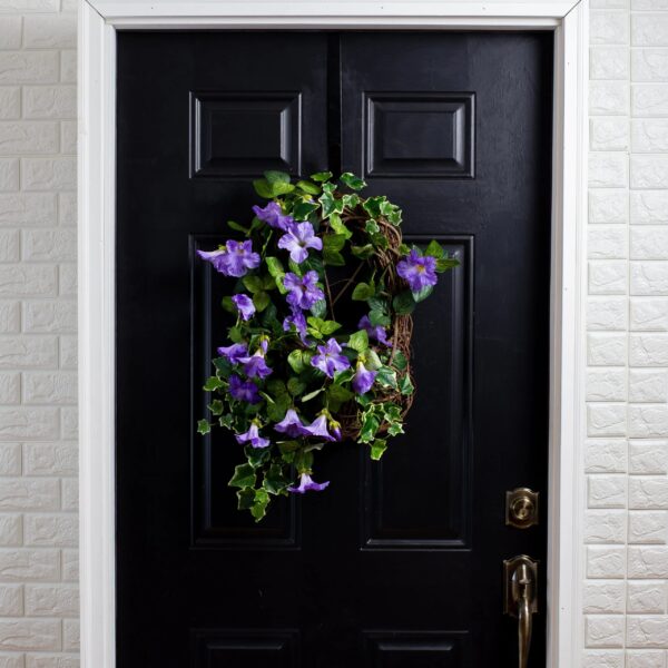 Close-up of blooms and berries on this Purple Petunia and English Ivy Spring Summer Wreath