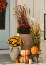 Close-up of leaf foliage texture on this Large Green and Brown Fake Grass Potted Plant