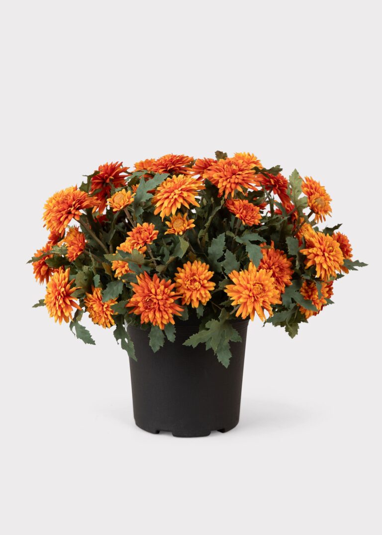 UV Treated Indoor Outdoor Potted Fake Fall Orange Mums - 17 inch, faux flower stems