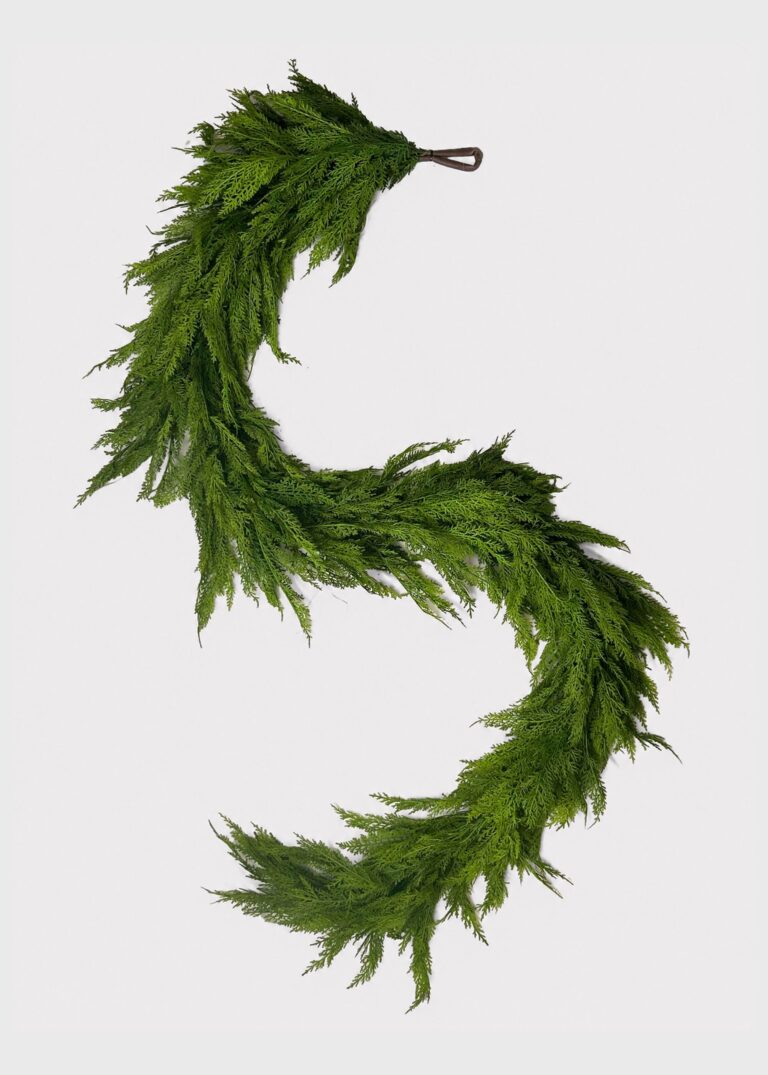 Close-up of greenery along the garland on this Real Touch Deluxe Lebanon Lebanon Cedar