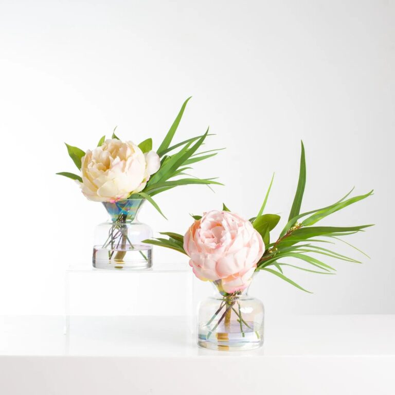 Real Touch Blush or Cream Peony and Eucalyptus in Iridescent Fairy Bottle Vase