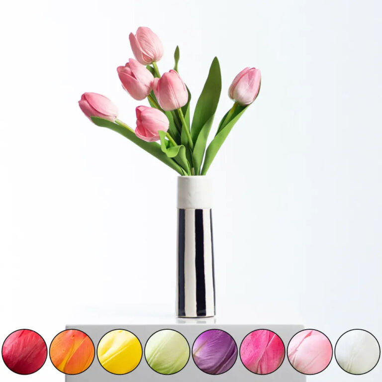 Close-up of vase silhouette detail on this Real Touch Faux Tulip Arrangement Large Tori Vase