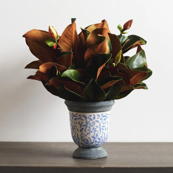 Real Touch Magnolia Leaves and Buds Everyday Arrangement in Blue and White Stoneware Compote