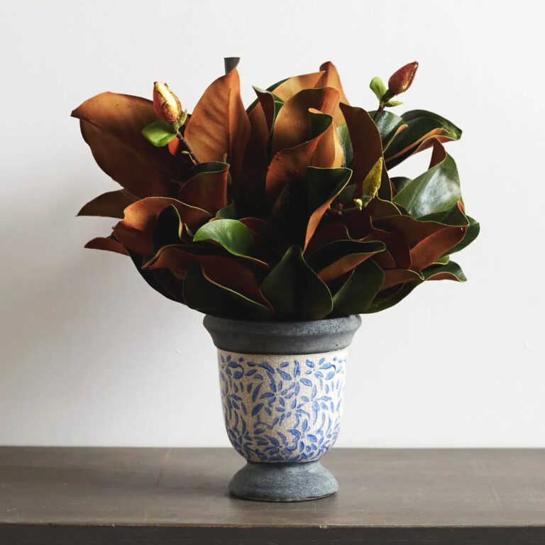 Real Touch Magnolia Leaves and Buds Everyday Arrangement in Blue and White Stoneware Compote