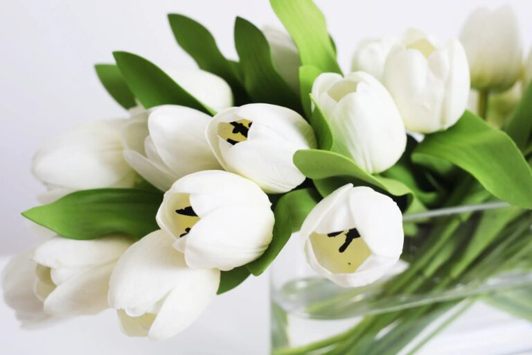 Close-up of vase silhouette detail on this Real Touch Tulip Spring Floral Oval Glass Vase