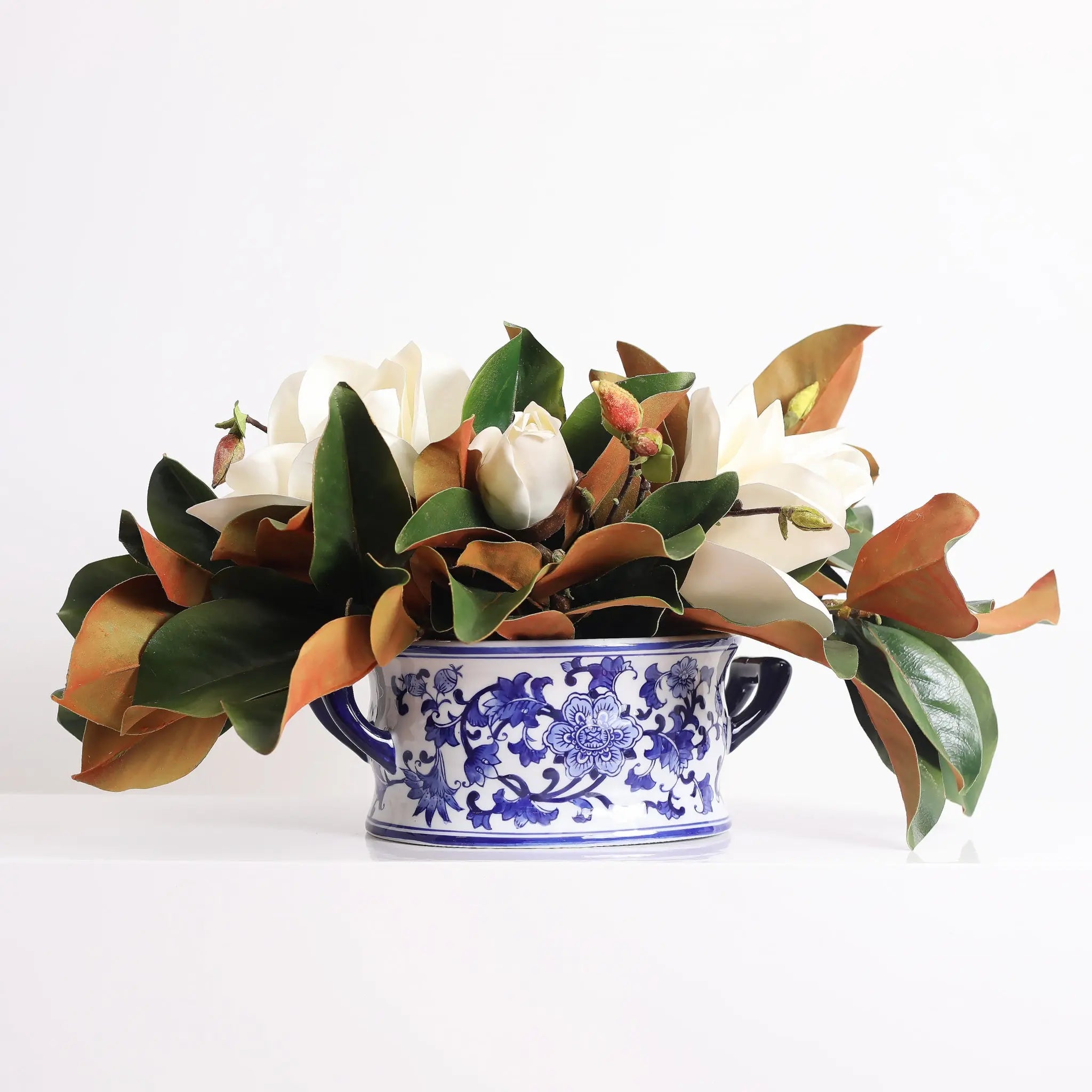 RealTouchWhiteMagnolia9.jpg Real Touch White Magnolia Floral Arrangement Centerpiece in Blue and White Chinoiserie Terrine
