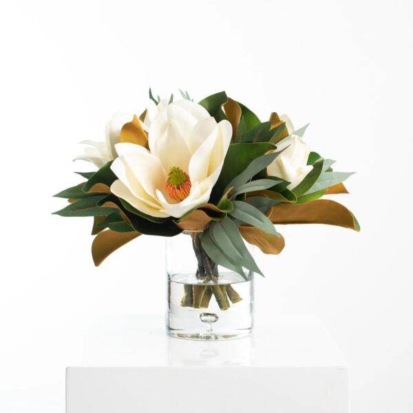 Real Touch White Magnolia and Eucalyptus Arrangement in Glass Cylinder Vase