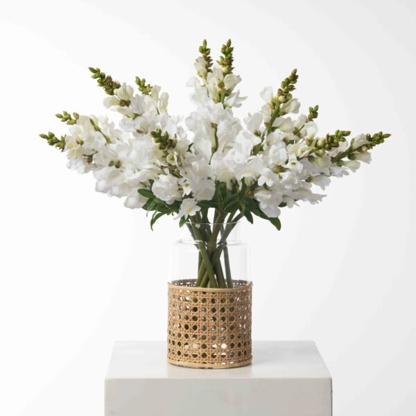 Real Touch White Snapdragons in Wicker Accent Vase Everyday Spring Water Illusion Arrangement