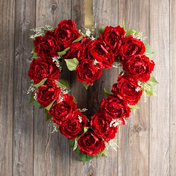 Red Peony Valentine's Day Heart Shaped Front Door Wreath