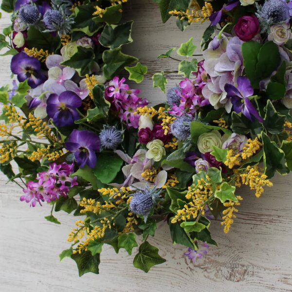 Close-up of blooms and berries on this Royal Lavender Hydrangea, Lilac, Purple Spring Door Wreath