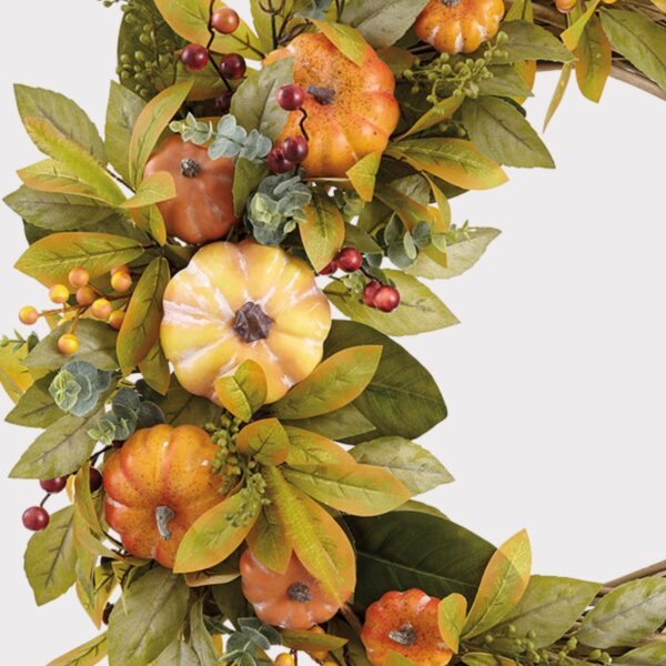 Close-up of blooms and berries on this Orange Artificial Pumpkin and Foliage Foliage Autumn Wreath