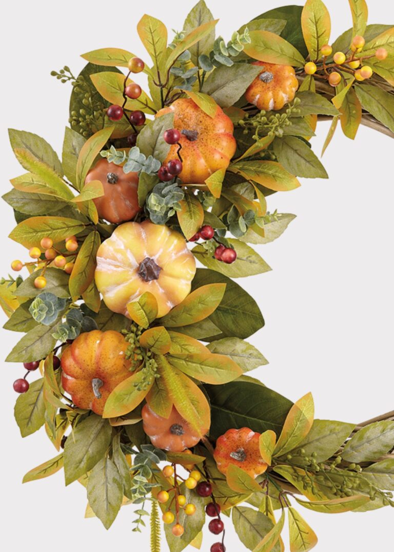 Close-up of blooms and berries on this Orange Artificial Pumpkin and Foliage Foliage Autumn Wreath