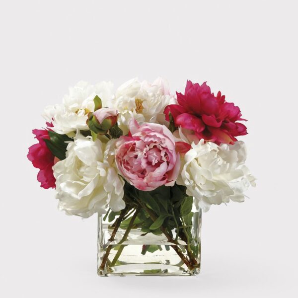 Pink and White Faux Peony Glass Vase Arrangement - 14 inch
