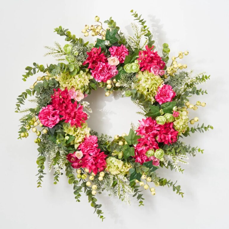 Hydrangea Dahlia Wreath - Fuchsia and Green Spring Summer Door Decor