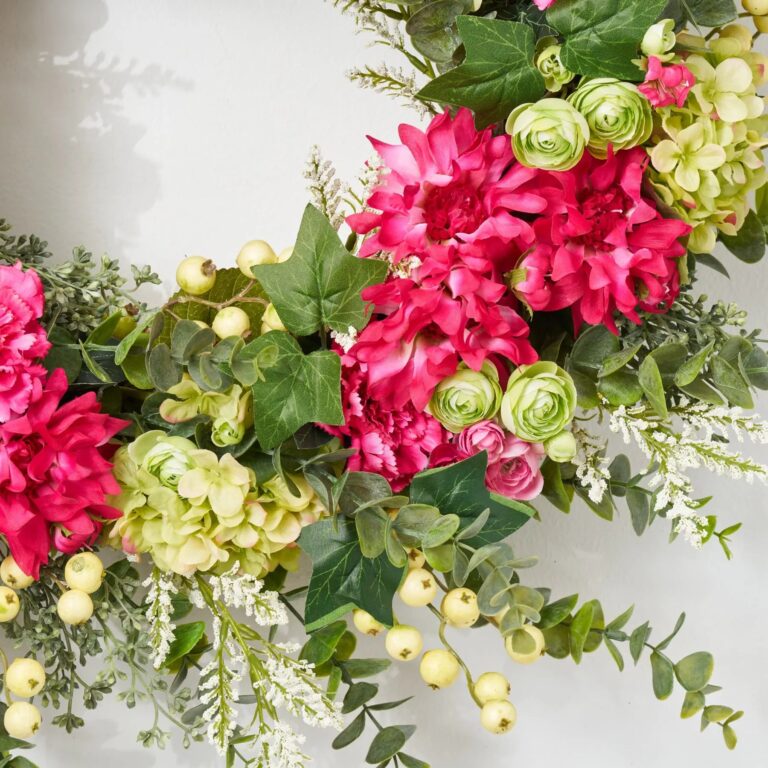 Close-up of blooms and berries on this Hydrangea Dahlia Wreath - Fuchsia Hydrangea Dahlia Wreath