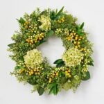 Detail view of layered greenery detail from the Green Hydrangea, Eucalyptus, Berry All Seasons Wreath
