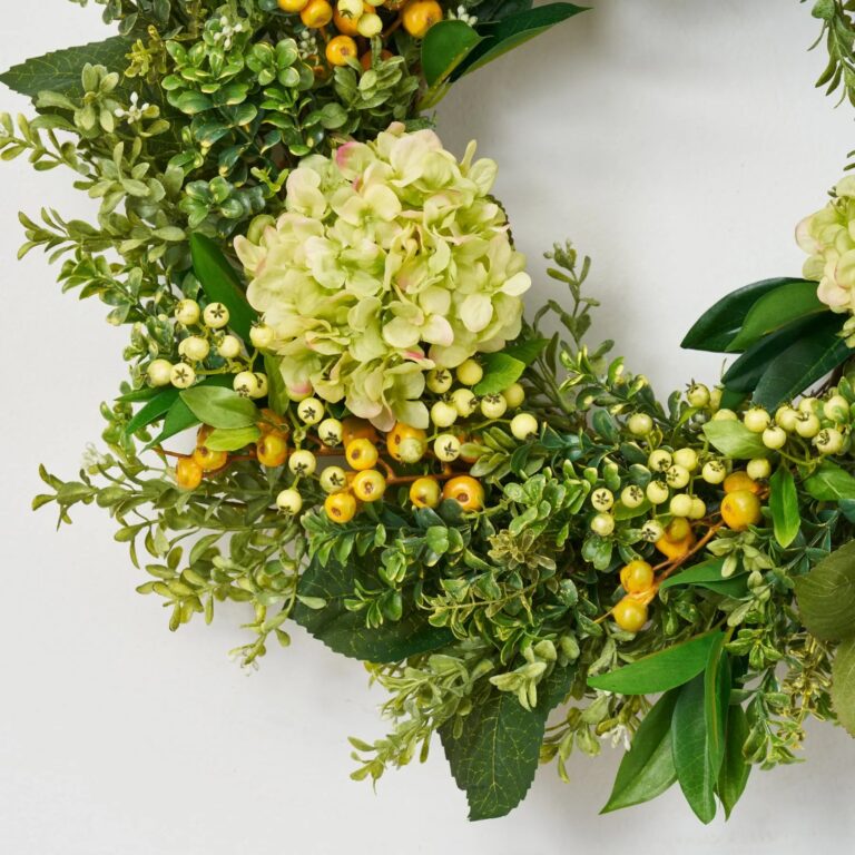 Close-up of blooms and berries on this Green Hydrangea, Eucalyptus, Berry All Seasons Wreath