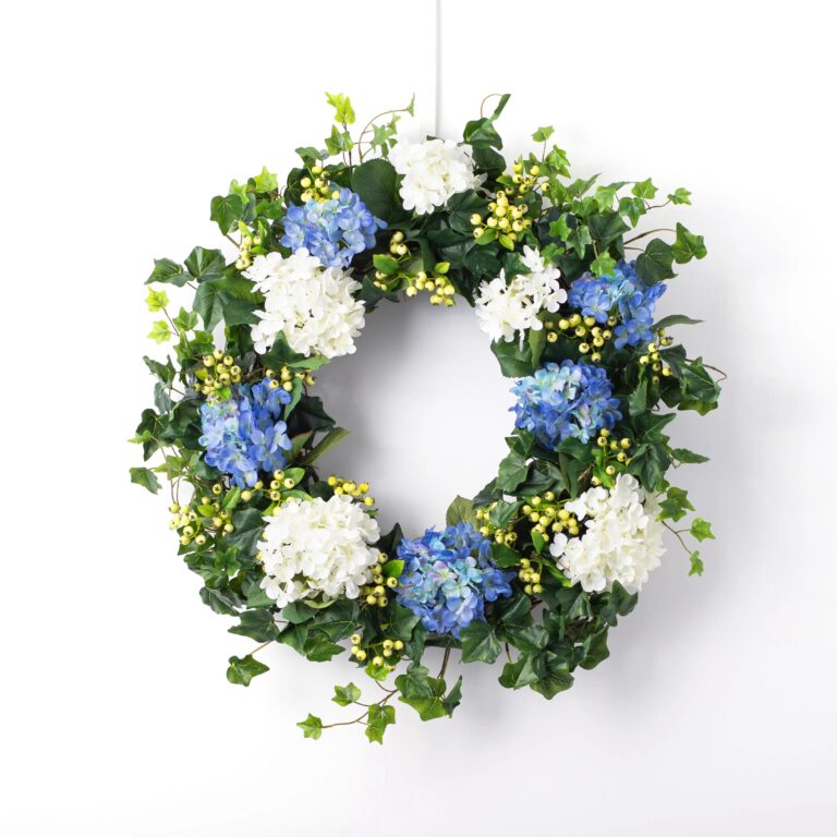Blue and White Hydrangea, English Ivy and Berry Everyday Spring Front Door Wreath