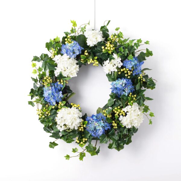 Blue and White Hydrangea, English Ivy and Berry Everyday Spring Front Door Wreath