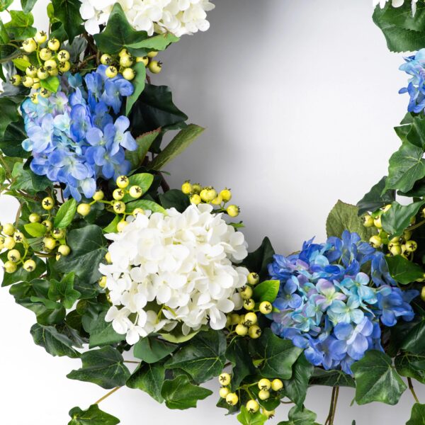 Close-up of blooms and berries on this Blue and White Hydrangea, English Front Door Wreath
