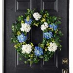 Detail view of layered greenery detail from the Blue and White Hydrangea, English Front Door