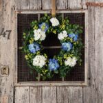 The Blue and White Hydrangea, English Front Door Wreath shown in full, highlighting full wreath