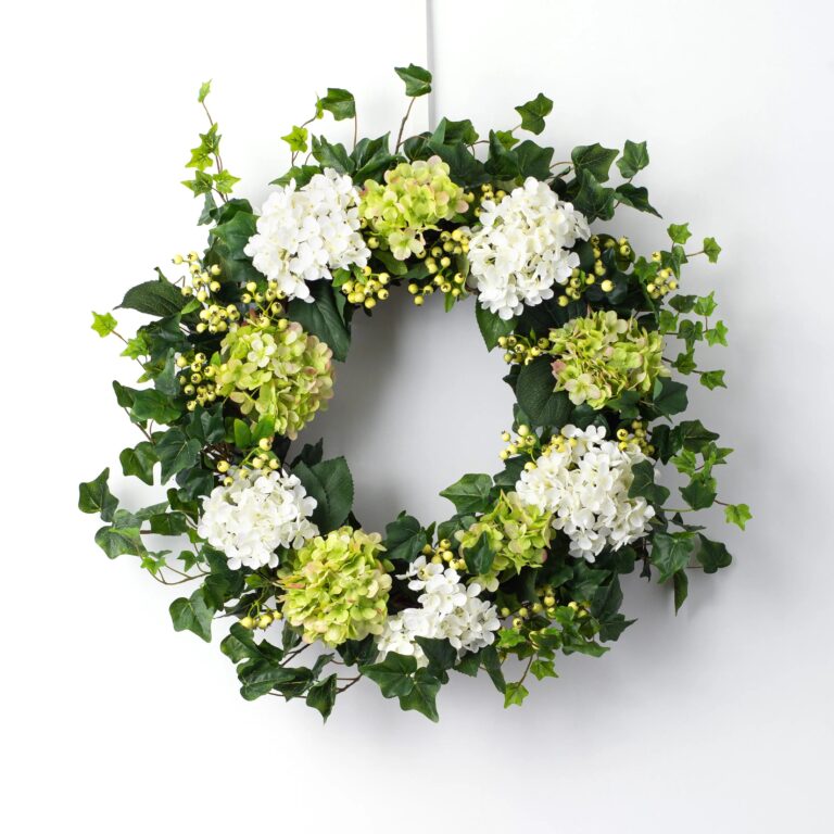 Green and White Hydrangea, English Ivy and Berry Everyday Spring Front Door Wreath