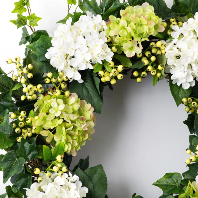 Close-up of blooms and berries on this Green and White Hydrangea, English Front Door Wreath
