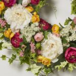 Alternate angle of the White and Fuchsia Peony Front Door Wreath showing wreath face texture