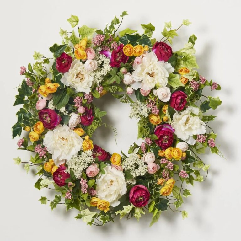 White and Fuchsia Peony with Yellow and Pink Ranunculus Spring Summer Front Door Wreath