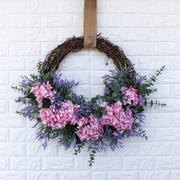 Light Pink Hydrangea, Lavender and Eucalyptus Asymmetrical Everyday Spring Front Door Wreath 22 inch