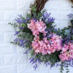 Close-up of blooms and berries on this Light Pink Hydrangea, Lavender Front Door Wreath 22