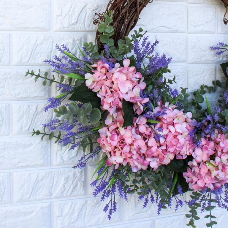 Close-up of blooms and berries on this Light Pink Hydrangea, Lavender Front Door Wreath 22