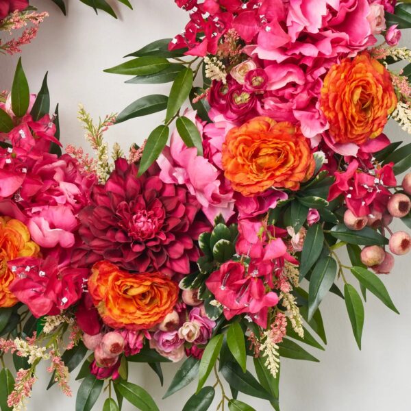 Close-up of blooms and berries on this Exotic Beauty - Dahlia, Bougainvillea Front Door Wreath