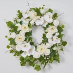Close-up of blooms and berries on this White Real Touch Orchid, Peony Front Door Wreath