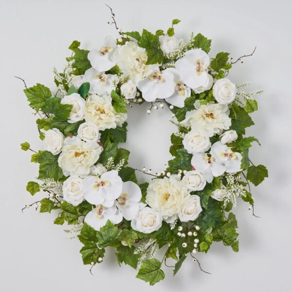 Close-up of blooms and berries on this White Real Touch Orchid, Peony Front Door Wreath