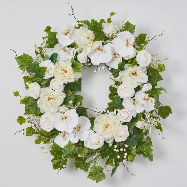 Close-up of blooms and berries on this White Real Touch Orchid, Peony Front Door Wreath