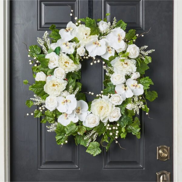 26" Real Touch Orchid & Peony Wreath - White