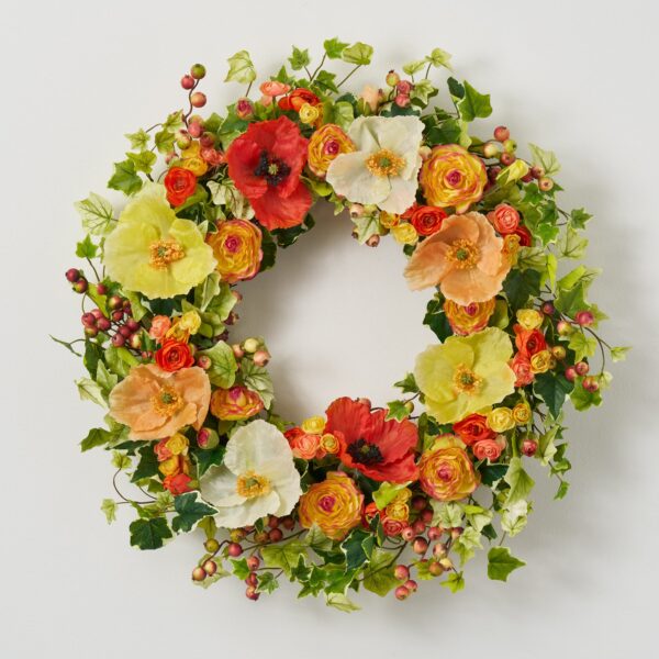 Orange Blooms - Poppy, Ranunculus and Gooseberry Spring Summer Front Door Wreath