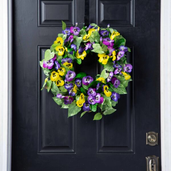 Pansy Perfection - Mixed Yellow and Purple Pansy Spring Summer Front Door Wreath