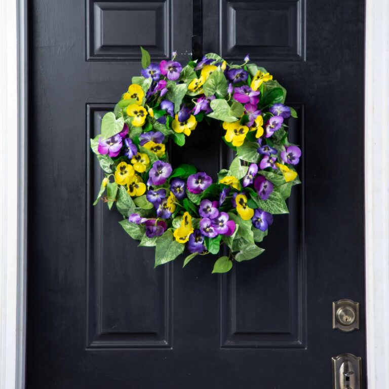 Pansy Perfection - Mixed Yellow and Purple Pansy Spring Summer Front Door Wreath