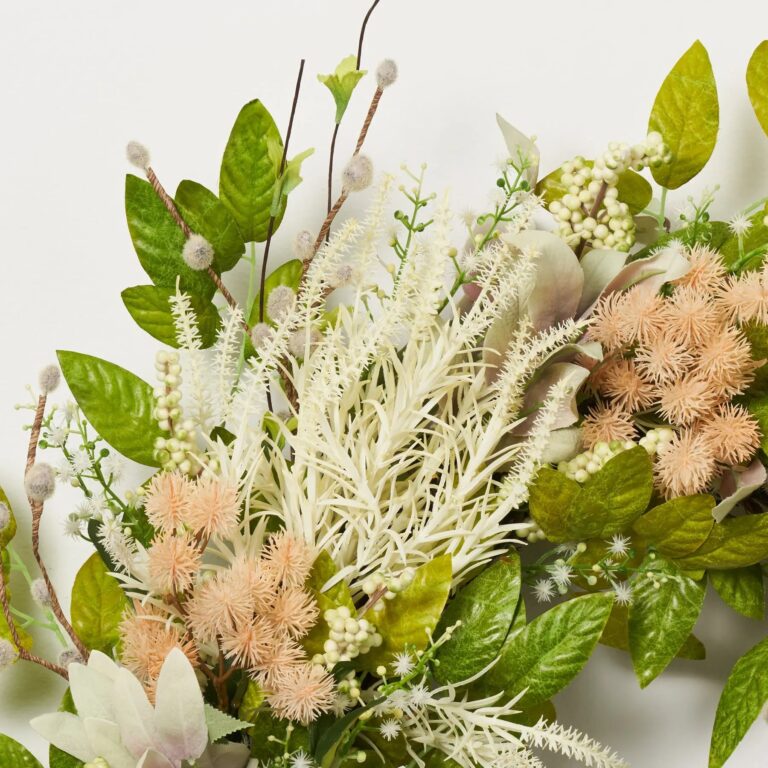 Close-up of blooms and berries on this Magic Meadows - White Ash Front Door Wreath