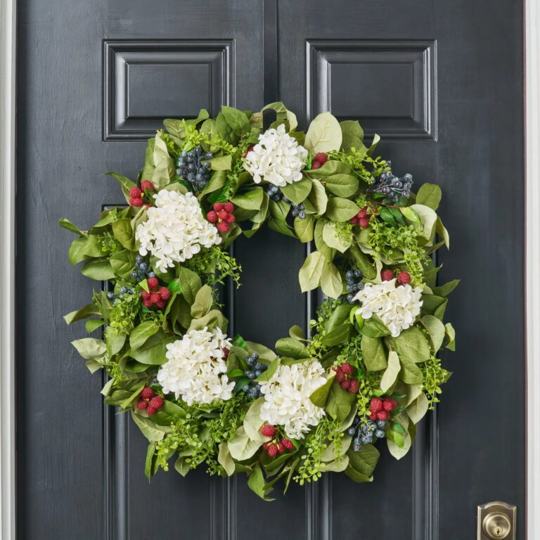 Close-up of blooms and berries on this Williamsburg Style Americana Fruit Wreath Front Door Wreath