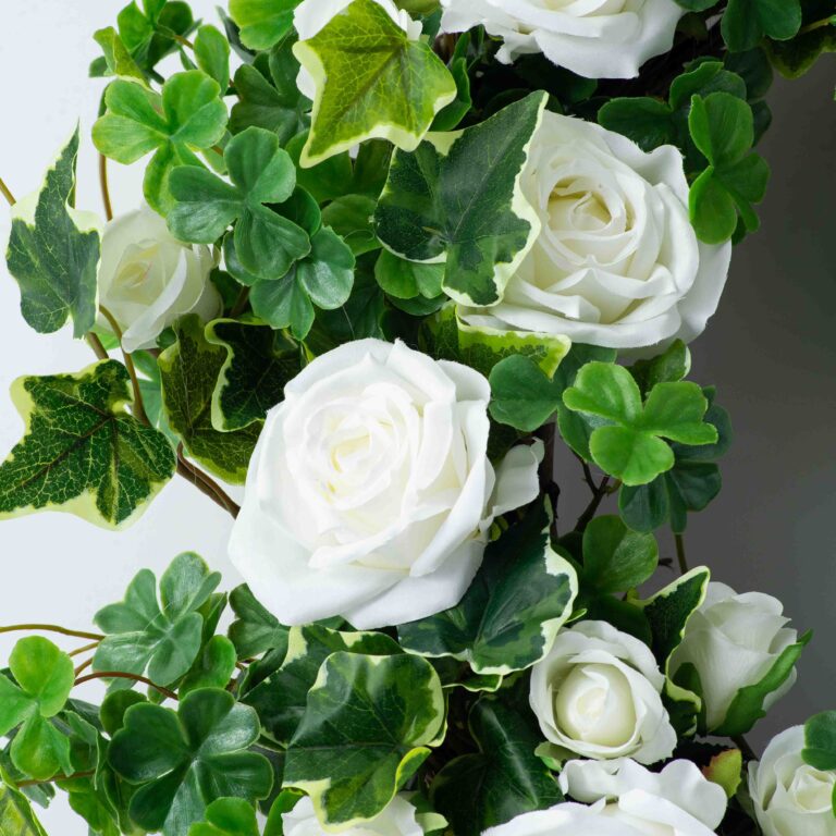 Close-up of blooms and berries on this Irish Springs - Clover Patrick's Day Wreath