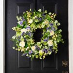 Alternate angle of the Purple Lavender Pansy, Cream Camellia Front Door Wreath showing wreath face