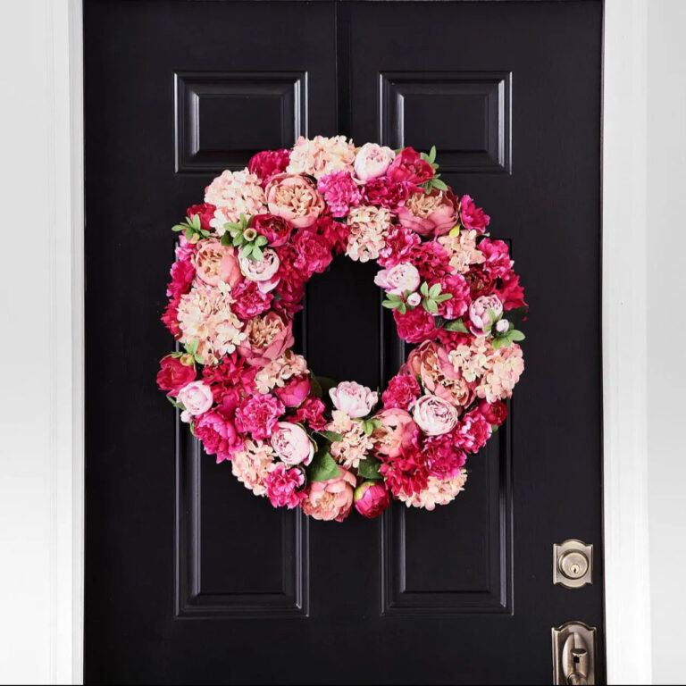 Blushing Blooms - Mixed Pink Hydrangea, Peony and Carnation Spring Summer Front Door Wreath